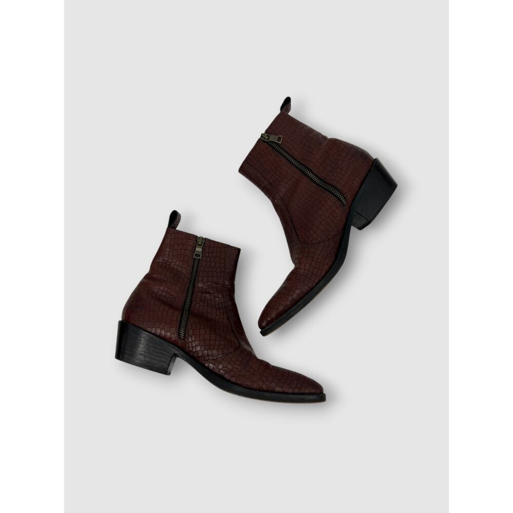 Straight to Hell Apparel Brown Croc Embossed Leather Western Zip Ankle Boots 8.5